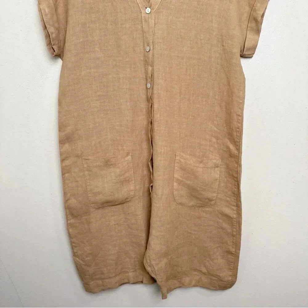 Made  In Italy Womens Medium Linen Vneck Button Tan Romper - Picture 8 of 13